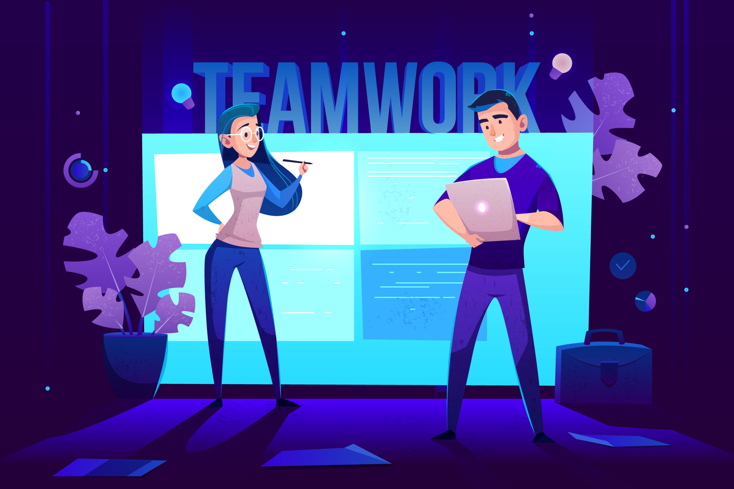 Teamwork characters in front of large glowing screen for presentations on wall. Young man with tablet and woman with pen presenting new project, office workers, employees. Cartoon vector illustration